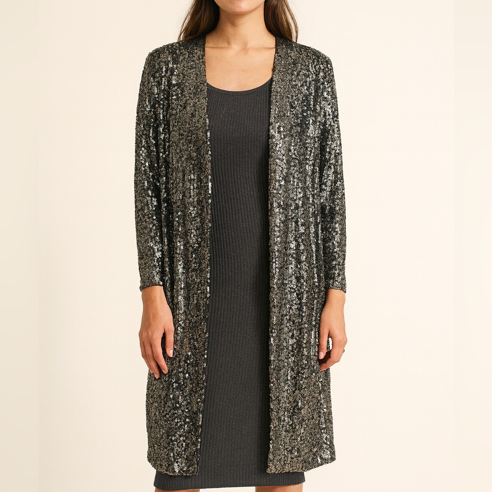 Fifteen Twenty Black Sequin Open Style Cardigan Size M Evening New Years Party